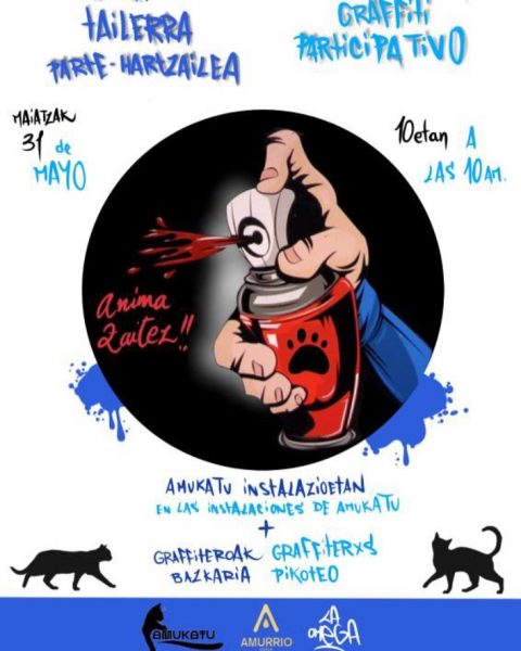 Participation performance fresque murale en compagnie de 8 artistes pour l'association AMUKATU, action pour favoriser l'adoption des chats Lieu: Amurrio (Basque Country) Date : Samedi 31 Mai