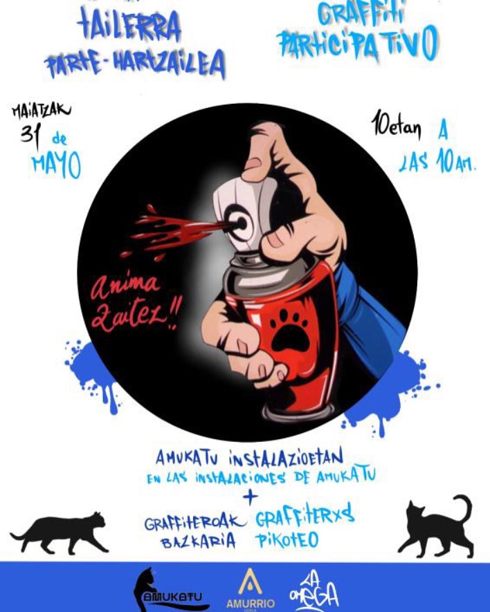 Participation performance fresque murale en compagnie de 8 artistes pour l'association AMUKATU, action pour favoriser l'adoption des chats Lieu: Amurrio (Basque Country) Date : Samedi 31 Mai