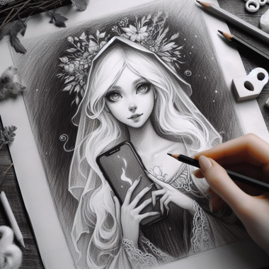 une sorcière blanche dessinée au crayon avec un téléphone